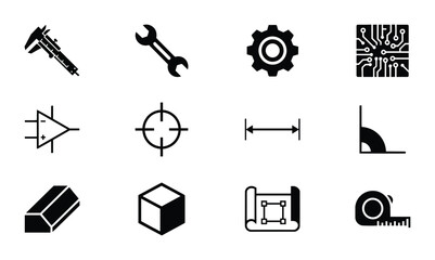 Fototapeta premium Engineering Icons Set: Precision Tools, Measurement, Mechanics, Electronics, and Design Elements for Technical Concepts