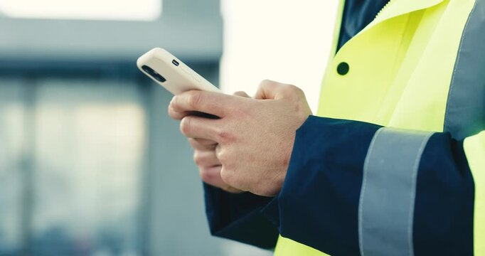 Hands, engineer and typing on phone for communication, construction or building development feedback. Technology, internet connection and worker with space for online compliance, site rules or app