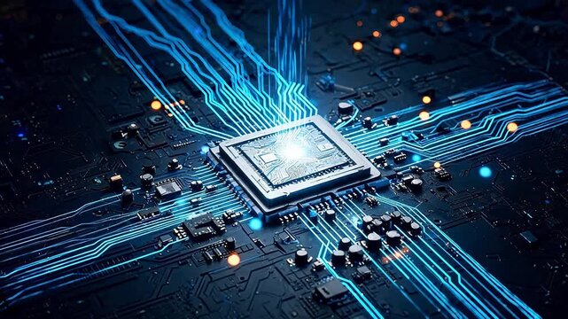 Electronic circuit board with central square chip and blue glowing lines