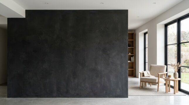 Modern interior with dark textured partition wall and bright seating area. Beige armchair by large window in contemporary living room. Copy space for text