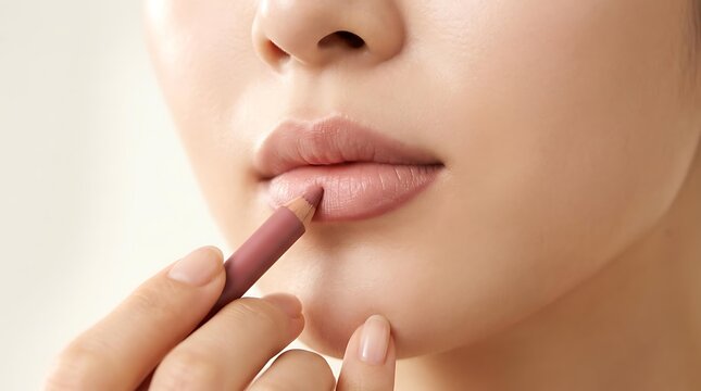 Beautiful woman applying lip liner to her natural lips for a professional look using a soft lip liner pencil to define her smile with a high-quality lip liner application.
