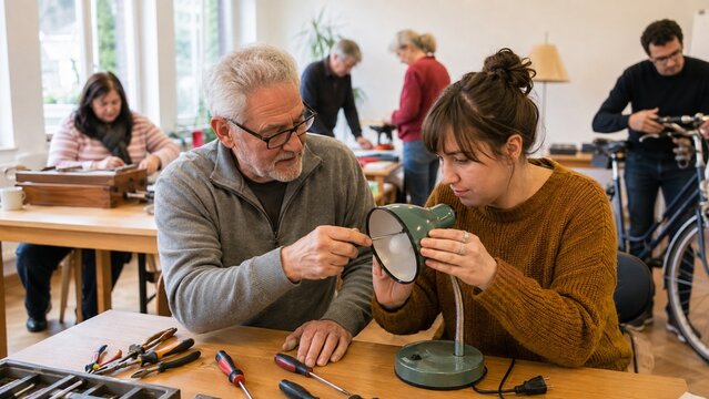 Nachbarn reparieren gemeinsam eine alte Lampe