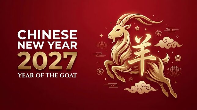 Chinese New Year 2027 Year of the Goat Golden Illustration on Red Background