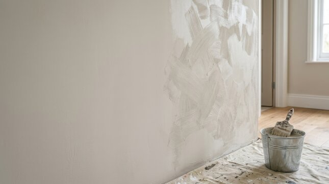 Limewash wall painting in progress. DIY home renovation with paint bucket and brush