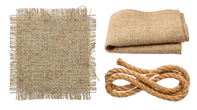 Set of rustic burlap fabric pieces and a coiled jute rope isolated on transparent background