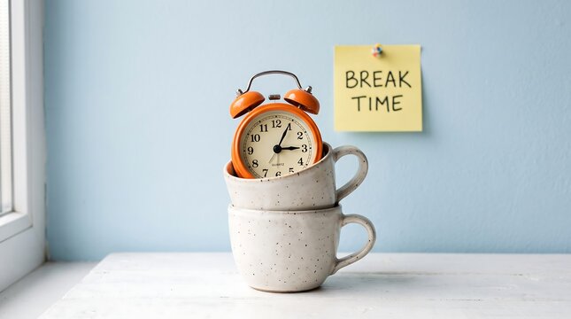 Orange alarm clock nestled in a ceramic mug with a break time sticky note on a windowsill