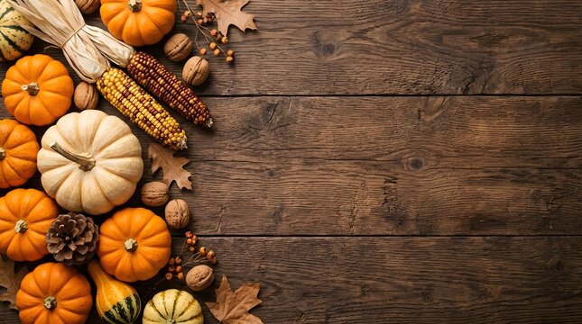 Decorative autumn pumpkins and harvest corn arranged artistically on rustic dark wooden boards providing a beautiful seasonal holiday border background