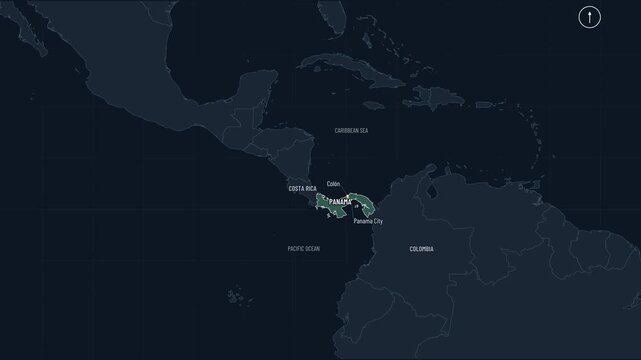Motion graphic map zooms from a Central America overview into Panama, highlighting the Panama Canal's route between Col&oacute;n and Panama City, ideal for news and explainer content