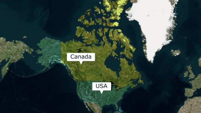 Satellite view of north american continent highlighting canada and usa border geography