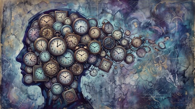 Human head silhouette filled with antique clocks and pocket watches in a watercolor painting style