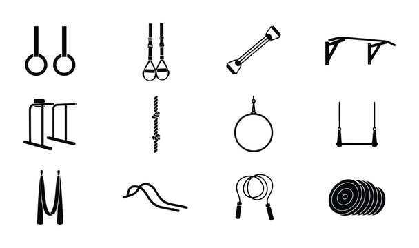 Fitness Equipment Icons: Gymnastic Rings, TRX Straps, Resistance Bands, Pull-up Bar, Parallel Bars, Aerial Silks, Hoop, Trapeze, Jump Rope, Weight Plates Vector Set