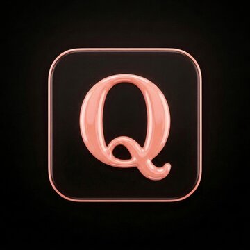 Pink letter Q, glossy rose alphabet monogram, black background square frame. Serif capital initial emblem, metallic shine decor. Pink letter Q elegant style