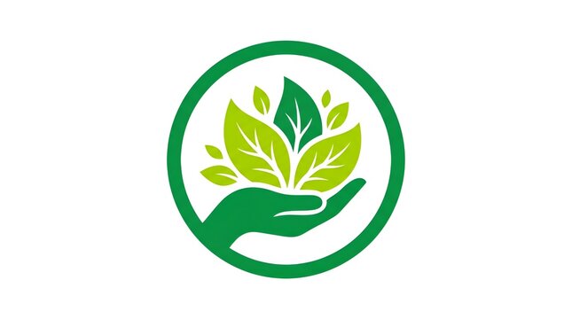Eco-friendly green leaf logo icon, human hand holding fresh plant leaves in circle, environmental sustainability and organic growth symbol