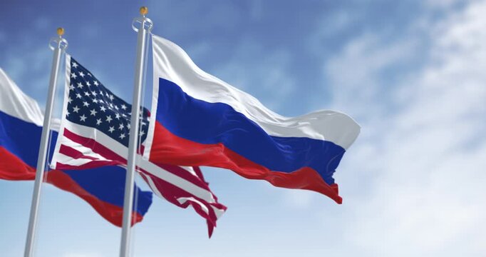 Russian and American flags waving side by side in wind. 3D render