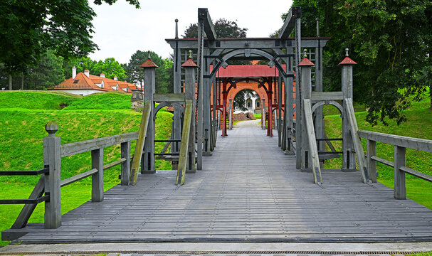 Drawbridge to the fortress - Famous reconstructed Birzai Castle manor. The construction of Birzai Castle began in 1586. Birzai (Biržai) is a city in northern Lithuania.