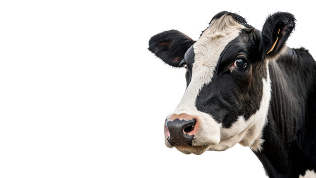 Close up portrait of black and white dairy cow head isolated on transparent background.