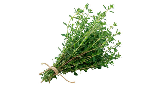 Bunch of fresh green thyme herb leaves sprigs isolated on transparent background.
