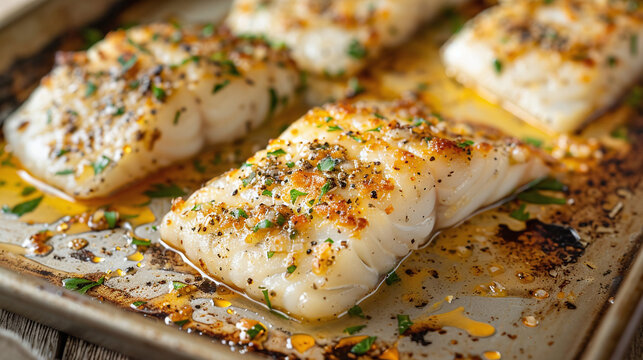 Freshly baked cod fillet topped with garlic butter and herbs on a baking sheet, showcasing tender white fish with golden crust for culinary blogs, restaurant menus, and healthy seafood recipe projects