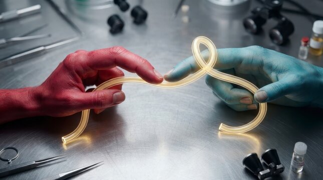 Two hands connecting a glowing tube