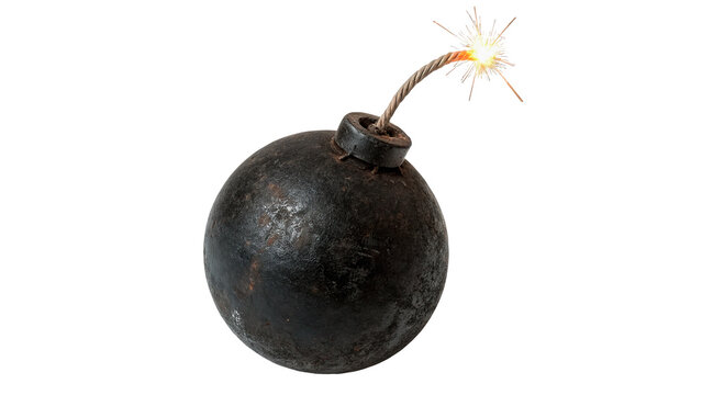 Classic round black iron vintage bomb with fuse isolated on transparent background.
