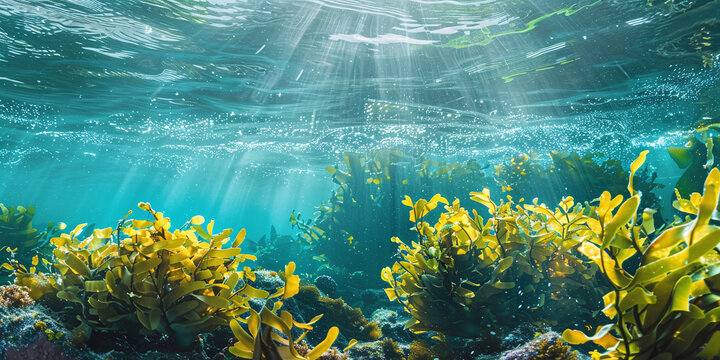 Breathtaking underwater world featuring giant seaweed, Macrocystis pyrifera, illuminated by brilliant sun rays piercing through crystal clear ocean water, creating a serene and magical natural marine