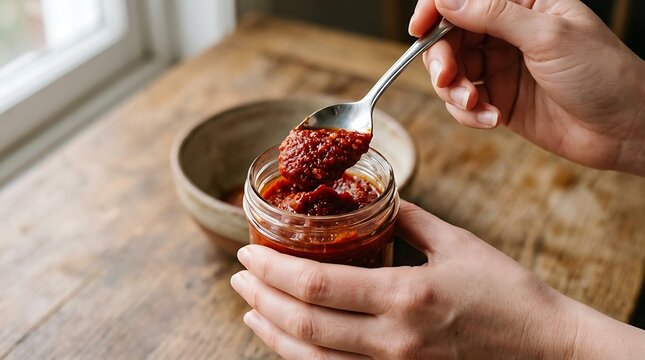 Hands scooping homemade chili paste from a glass jar with a metal spoon, high quality spicy chili paste for cooking delicious gourmet meals, authentic chili paste on wooden table.