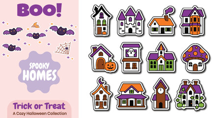 Fototapeta premium Cozy spooky halloween house sticker collection, cute haunted castle and pumpkin cottage vector