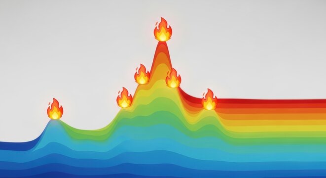 Abstract rainbow wave mountain graph with fire icons on white background