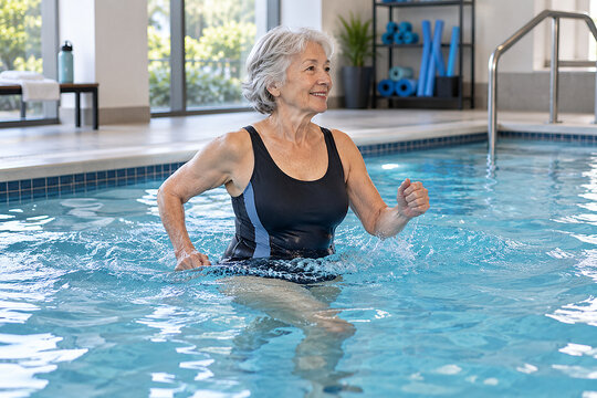 Senior woman jogging in indoor therapy pool during water exercise