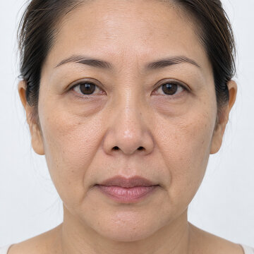 Mature Asian woman with sagging skin under eye bags and skin aging