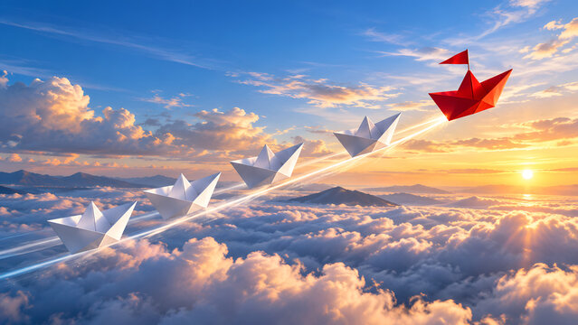 Business leadership and competitive advantage concept featuring a red paper boat flying ahead of white boats above clouds toward a glowing sunrise