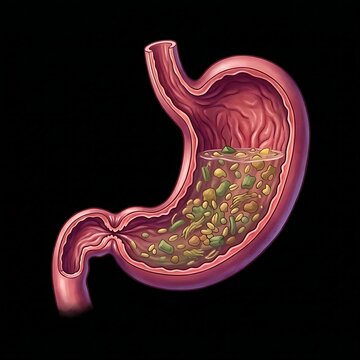 stomach showing signs of Gastroparesis, with food particles visibly lingering inside the stomach due to delayed emptying. The stomach appears slightly distended, and the pyloric sphincte