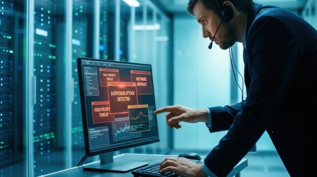 AI Threat Detection: IT specialist identifying suspicious attacks in data center 