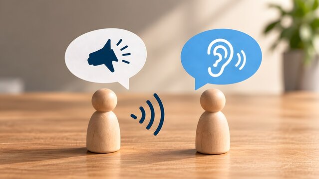 Interpersonal communication concept on wooden table featuring speaking and active listening metaphors