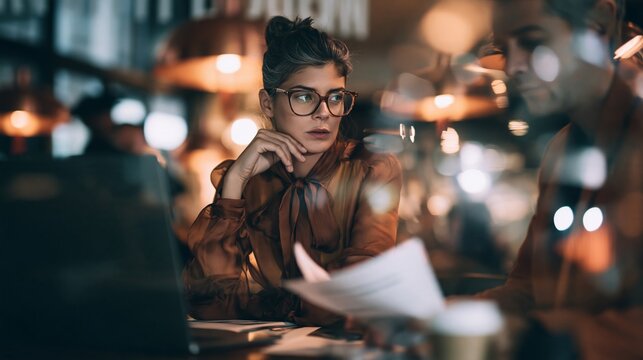 Woman deep in thought reviewing documents in dimly lit office space