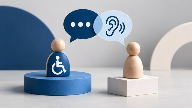 Accessibility and inclusive communication concept featuring wheelchair user figure being heard and understood