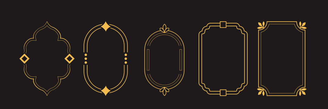 Golden luxury decorative frames and borders set with ornate geometric and floral elements isolated on dark background for invitation cards, certificates, and elegant design use