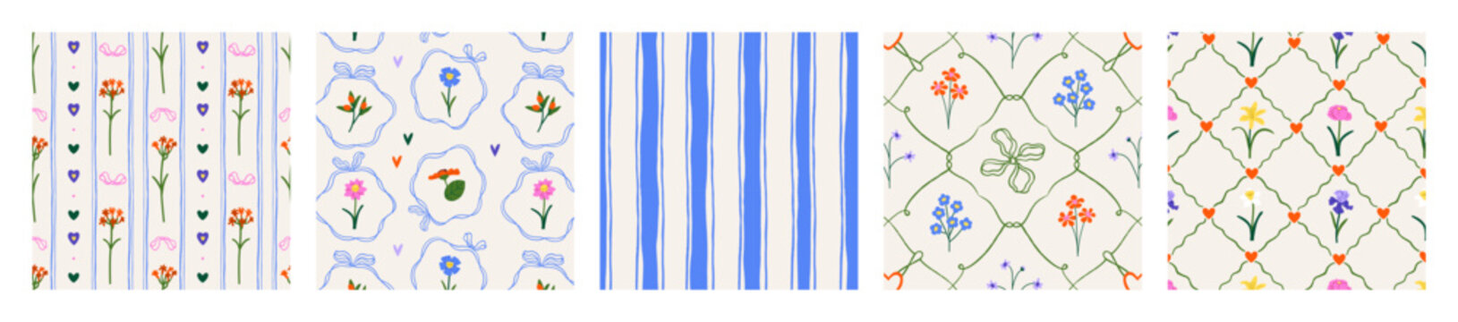 Seamless floral and stripe patterns. Vintage coquette flowers, ribbon bows, vertical stripes, trellis prints. Seamless patterns with floral motifs, romantic flowers textures. Vector illustrations set