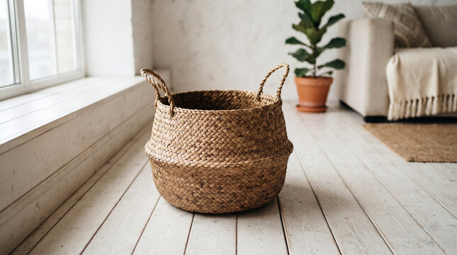 empty natural seagrass woven basket on white wooden floor
