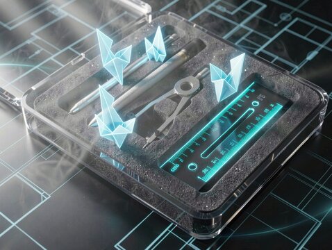 Futuristic drafting tools inside a transparent case with origami