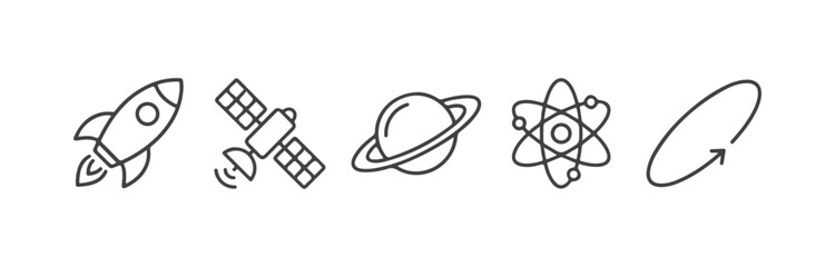 Space and Science Line Icon Set - Featuring Rocket, Satellite, Planet Saturn, Atom Model, and Orbit Path Vector Symbols © MkJutt