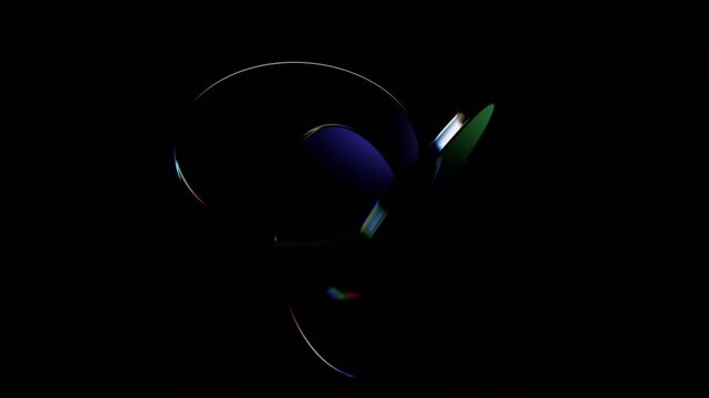 Abstract background of rotating glass iridescent circles, 4k seamless loop 3d animation