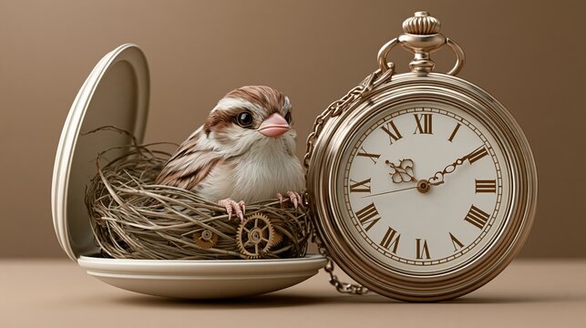 Pocket watch with bird nesting inside, whimsical clock
