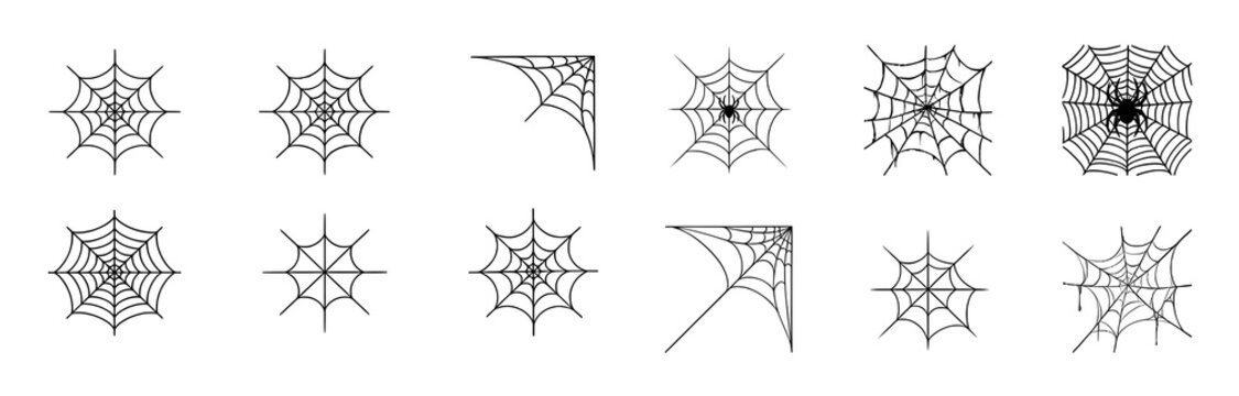 Spooky halloween spider web set with cobweb net line elements for gothic party decoration background design