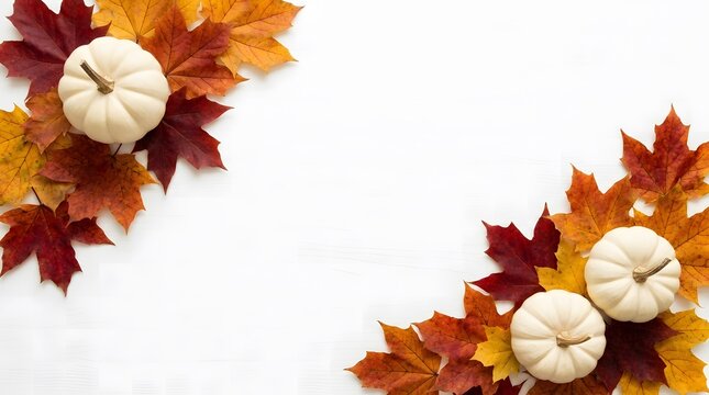 White pumpkins placed on vibrant colorful autumn maple leaves arranged as decorative corners on a clean minimalist white wooden background