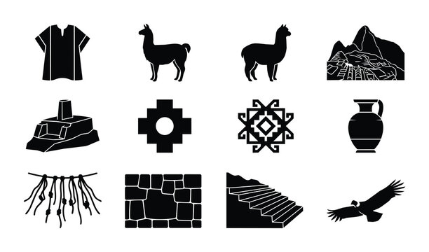 Andean Culture Icons Set: Llama, Inca Symbols, Mountains, Terraces, Pottery, Condor, Traditional Clothing, Stone Walls, Vector Graphics