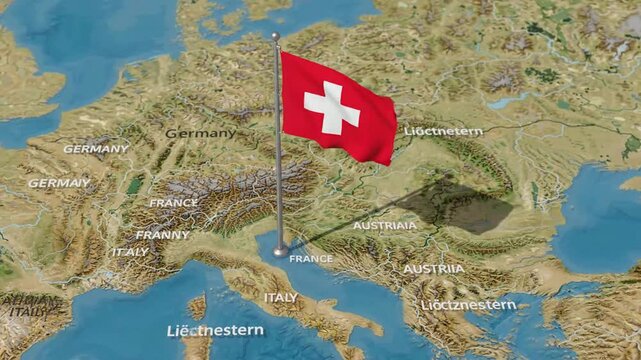 Swiss flag waving on 3D map of europe switzerland country location concept