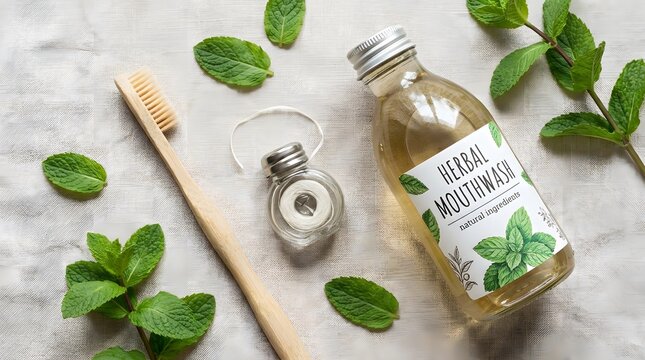 Natural herbal mouthwash with bamboo toothbrush and mint leaves on white fabric for oral wellness