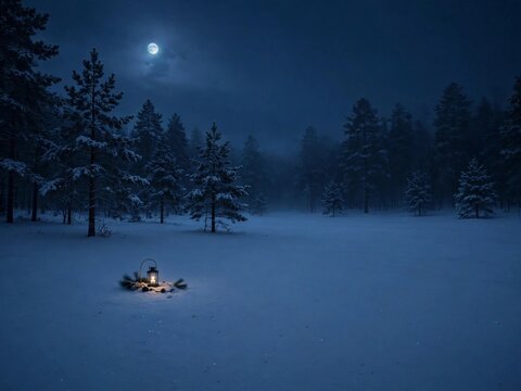 Minimal Winter Solstice Background with Moonlight and Snowy Forest