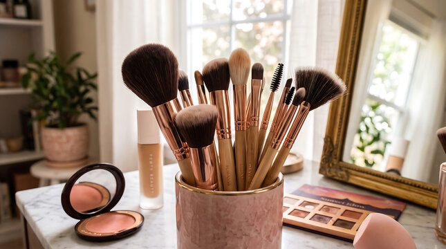 Professional makeup artists brush collection arranged in vintage vase on vanity with makeup palette and mirror